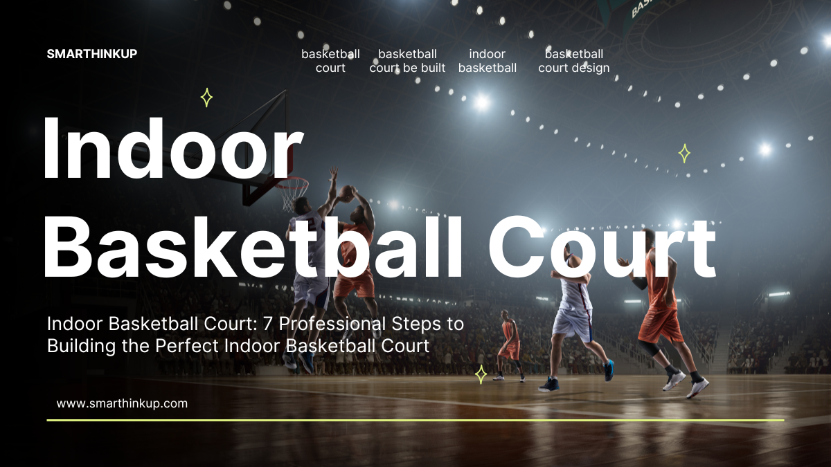 Indoor basketball court with players playing under professional lighting
