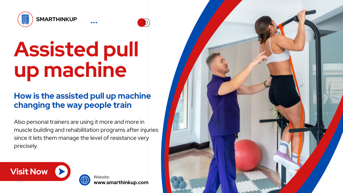 Trainer helping a woman use an assisted pull up machine during workout